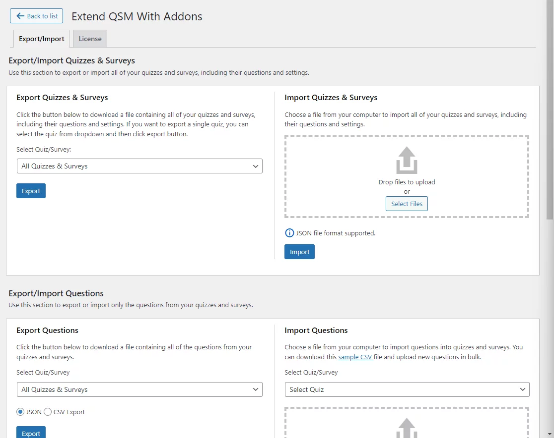 Export Import Quizzes Surveys
